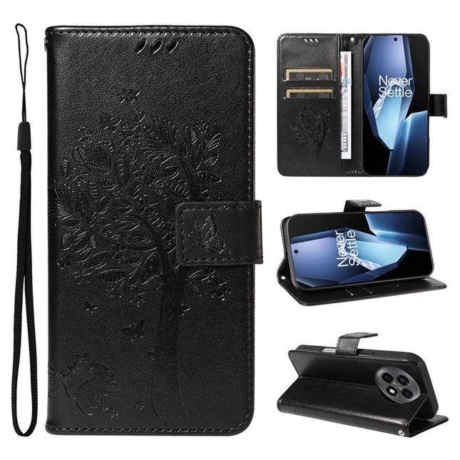 For OnePlus 13R 5G Leather Phone Case Cat Tree Pattern Design Wallet Cover Stand -  Black