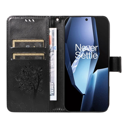 For OnePlus 13R 5G Leather Phone Case Cat Tree Pattern Design Wallet Cover Stand -  Black