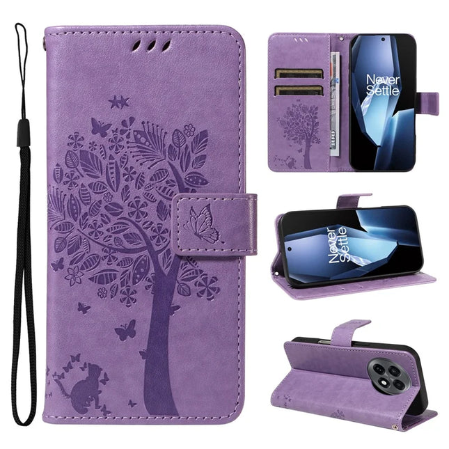 For OnePlus 13R 5G Leather Phone Case Cat Tree Pattern Design Wallet Cover Stand -  Light Purple