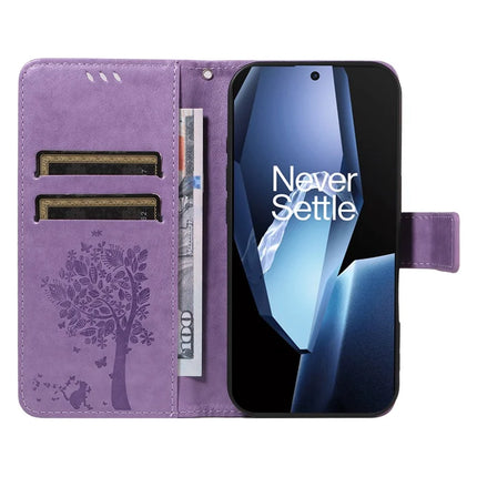 For OnePlus 13R 5G Leather Phone Case Cat Tree Pattern Design Wallet Cover Stand -  Light Purple