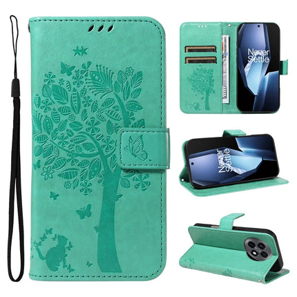 For OnePlus 13R 5G Leather Phone Case Cat Tree Pattern Design Wallet Cover Stand - Green