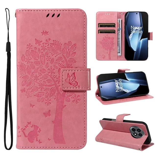 For OnePlus 13R 5G Leather Phone Case Cat Tree Pattern Design Wallet Cover Stand - Pink