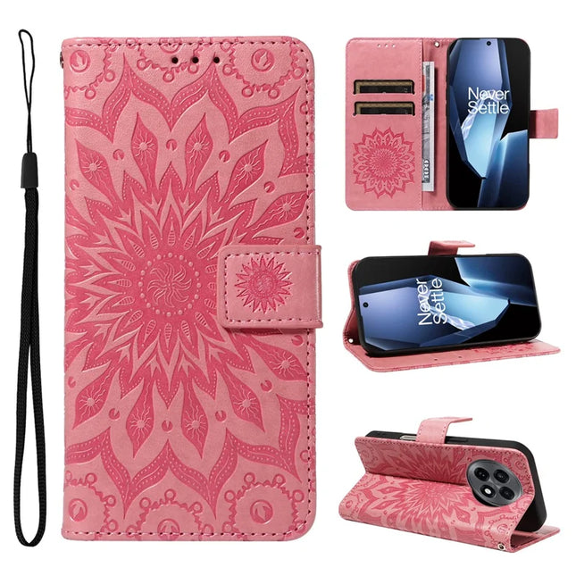 For OnePlus 13R 5G Leather Wallet Case Sunflower Imprinted Phone Cover - Pink
