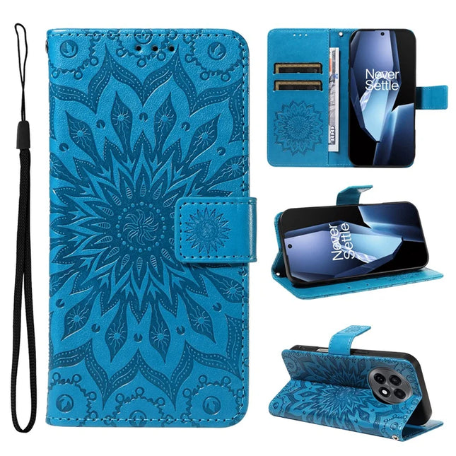 For OnePlus 13R 5G Leather Wallet Case Sunflower Imprinted Phone Cover - Blue