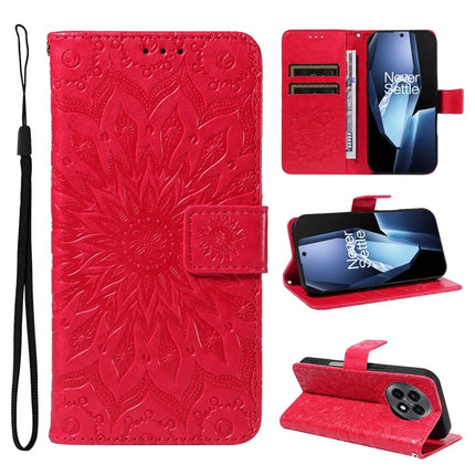 For OnePlus 13R 5G Leather Wallet Case Sunflower Imprinted Phone Cover - Red