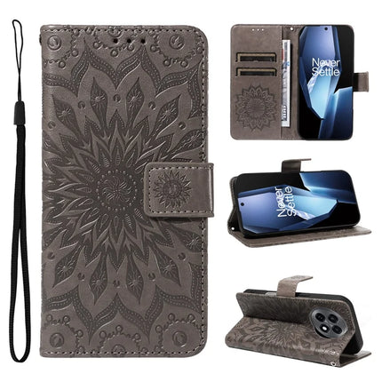 For OnePlus 13R 5G Leather Wallet Case Sunflower Imprinted Phone Cover - Grey