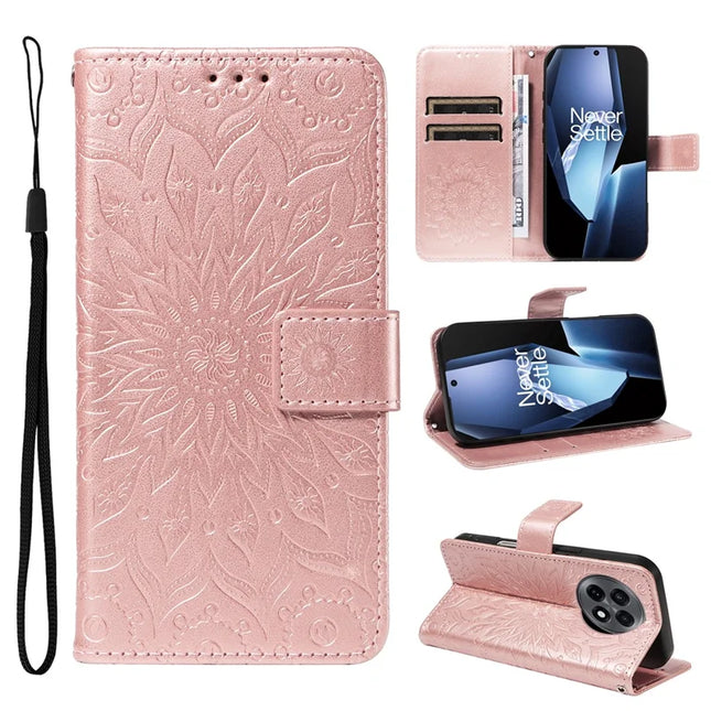 For OnePlus 13R 5G Leather Wallet Case Sunflower Imprinted Phone Cover -  Rose Gold