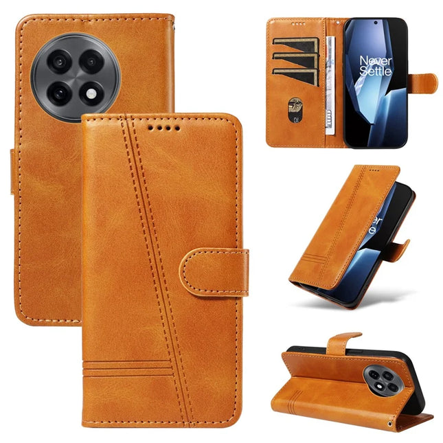 For OnePlus 13R 5G Wallet Case T-Shape Lines Leather Phone Cover Stand - Brown