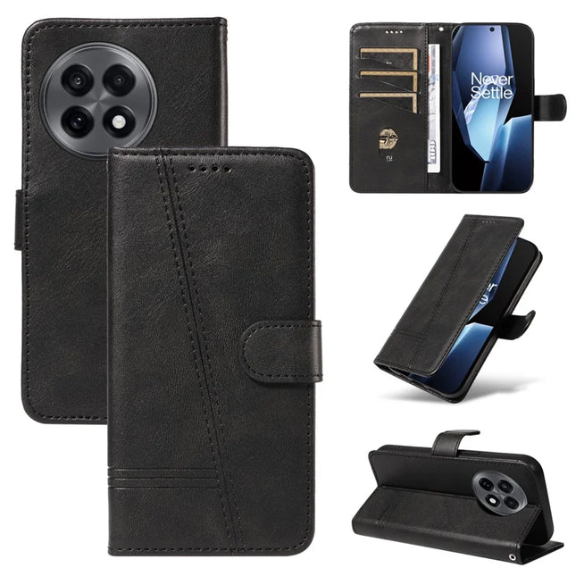 For OnePlus 13R 5G Wallet Case T-Shape Lines Leather Phone Cover Stand -  Black