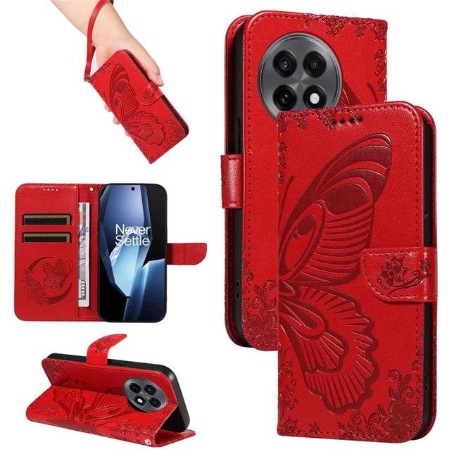 For OnePlus 13R 5G Case Butterfly Pattern PU Leather Folio Flip Phone Cover -  Red