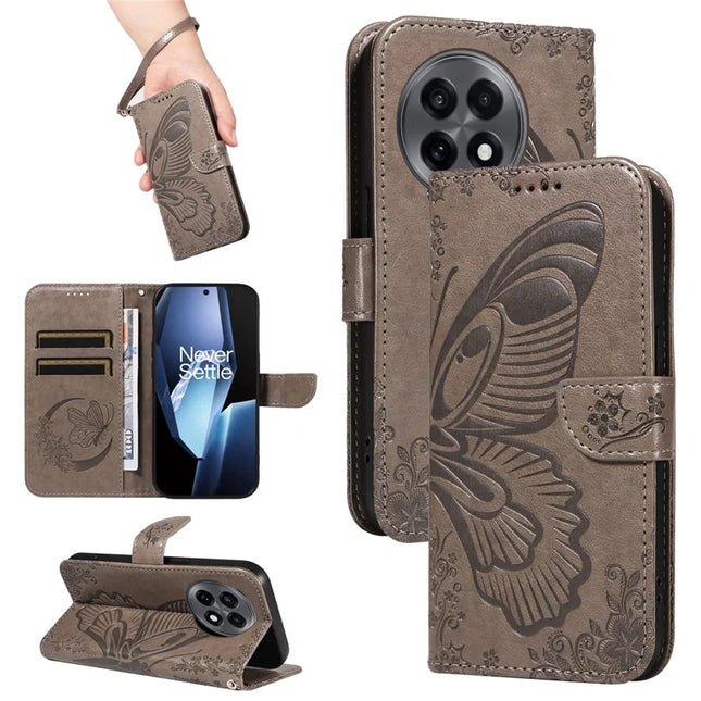 For OnePlus 13R 5G Case Butterfly Pattern PU Leather Folio Flip Phone Cover - Grey