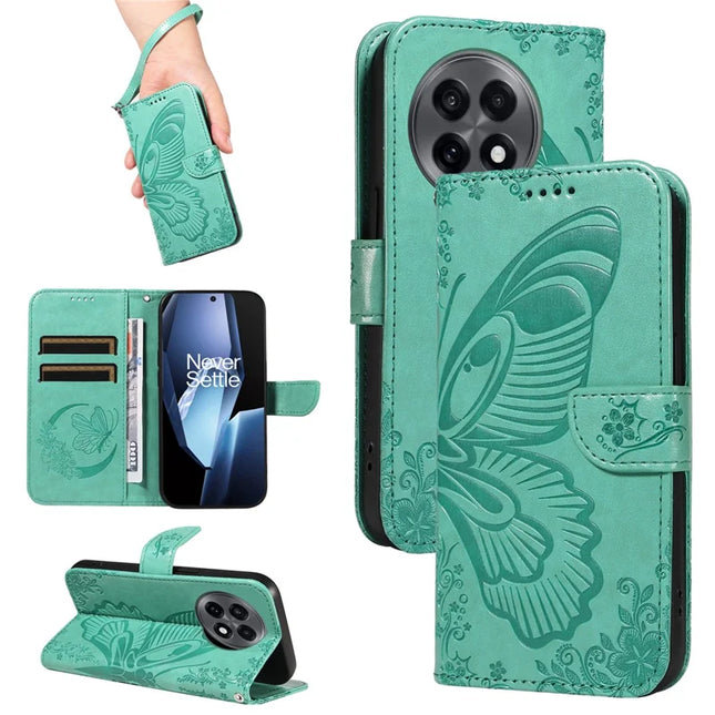 For OnePlus 13R 5G Case Butterfly Pattern PU Leather Folio Flip Phone Cover -  Green