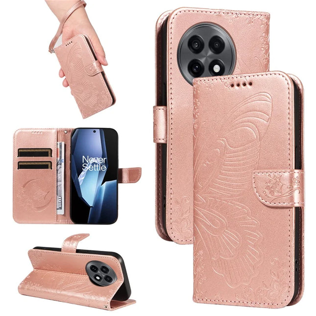 For OnePlus 13R 5G Case Butterfly Pattern PU Leather Folio Flip Phone Cover -  Rose Gold