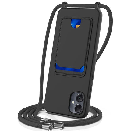 For Samsung Galaxy F05 / Galaxy M05 4G Liquid Silicone Case with Card Holder and Lanyard Back Phone Cover - Black