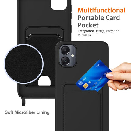 For Samsung Galaxy F05 / Galaxy M05 4G Liquid Silicone Case with Card Holder and Lanyard Back Phone Cover