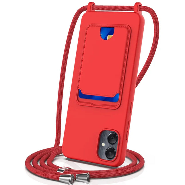 For Samsung Galaxy F05 / Galaxy M05 4G Liquid Silicone Case with Card Holder and Lanyard Back Phone Cover - Red