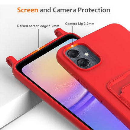 For Samsung Galaxy F05 / Galaxy M05 4G Liquid Silicone Case with Card Holder and Lanyard Back Phone Cover