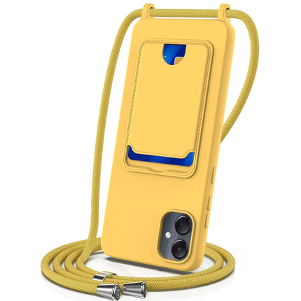 For Samsung Galaxy F05 / Galaxy M05 4G Liquid Silicone Case with Card Holder and Lanyard Back Phone Cover - Yellow