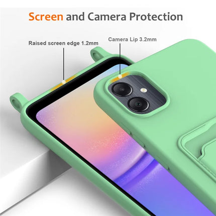 For Samsung Galaxy F05 / Galaxy M05 4G Liquid Silicone Case with Card Holder and Lanyard Back Phone Cover