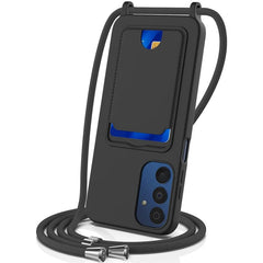 For Samsung Galaxy M14 4G Liquid Silicone Case with Card Holder and Lanyard Back Phone Cover - Black