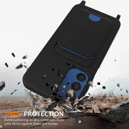 For Samsung Galaxy M14 4G Liquid Silicone Case with Card Holder and Lanyard Back Phone Cover