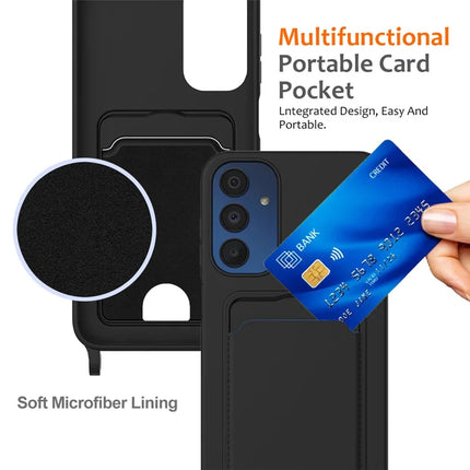For Samsung Galaxy M14 4G Liquid Silicone Case with Card Holder and Lanyard Back Phone Cover