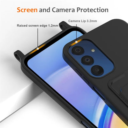 For Samsung Galaxy M14 4G Liquid Silicone Case with Card Holder and Lanyard Back Phone Cover