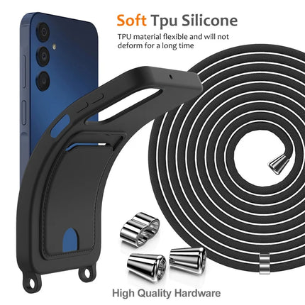 For Samsung Galaxy M14 4G Liquid Silicone Case with Card Holder and Lanyard Back Phone Cover