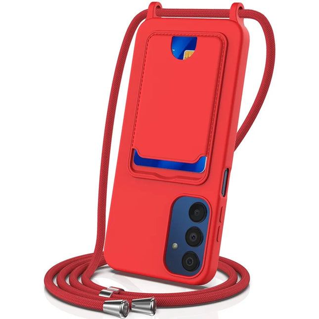 For Samsung Galaxy M14 4G Liquid Silicone Case with Card Holder and Lanyard Back Phone Cover - Red