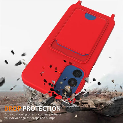 For Samsung Galaxy M14 4G Liquid Silicone Case with Card Holder and Lanyard Back Phone Cover