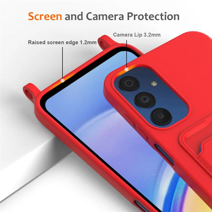 For Samsung Galaxy M14 4G Liquid Silicone Case with Card Holder and Lanyard Back Phone Cover