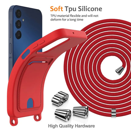 For Samsung Galaxy M14 4G Liquid Silicone Case with Card Holder and Lanyard Back Phone Cover