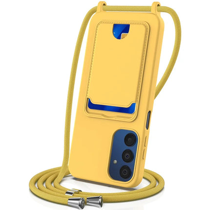 For Samsung Galaxy M14 4G Liquid Silicone Case with Card Holder and Lanyard Back Phone Cover - Yellow