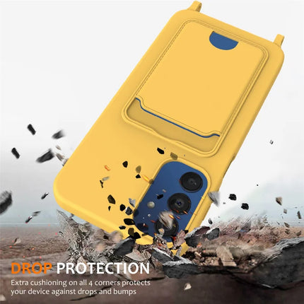 For Samsung Galaxy M14 4G Liquid Silicone Case with Card Holder and Lanyard Back Phone Cover