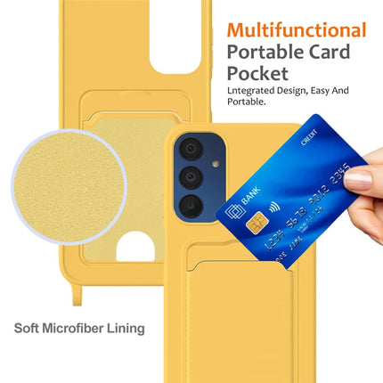 For Samsung Galaxy M14 4G Liquid Silicone Case with Card Holder and Lanyard Back Phone Cover