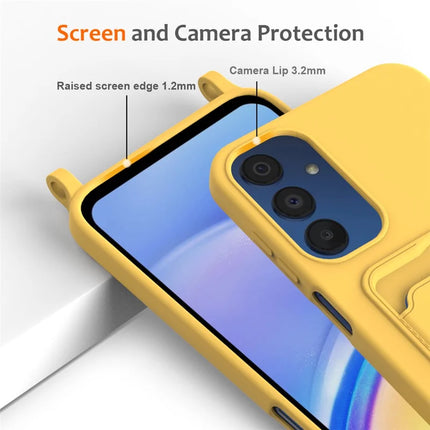 For Samsung Galaxy M14 4G Liquid Silicone Case with Card Holder and Lanyard Back Phone Cover
