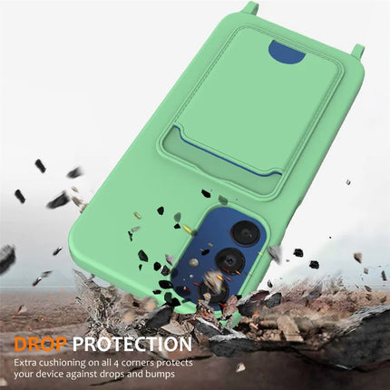 For Samsung Galaxy M14 4G Liquid Silicone Case with Card Holder and Lanyard Back Phone Cover