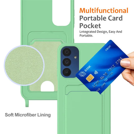 For Samsung Galaxy M14 4G Liquid Silicone Case with Card Holder and Lanyard Back Phone Cover
