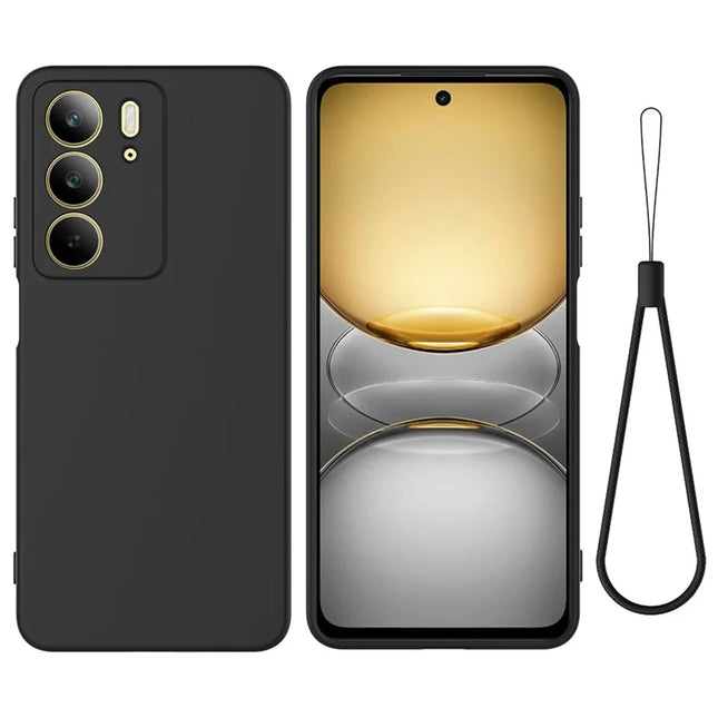 For Realme C75 Case Liquid Silicone Phone Back Cover with Hand Strap - Black