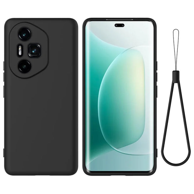 For Honor 300 Ultra / Honor 300 Pro Case Liquid Silicone Phone Back Cover with Hand Strap - Black