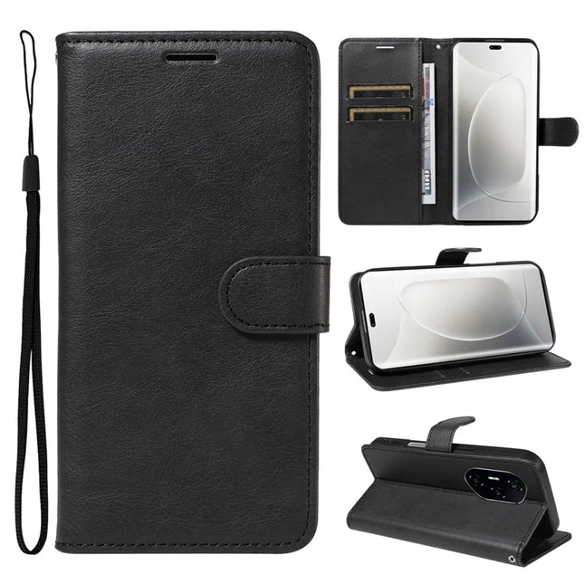 For Honor 300 Ultra / Honor 300 Pro Case Solid Color Leather Mobile Cover Wallet Stand with Strap - Black