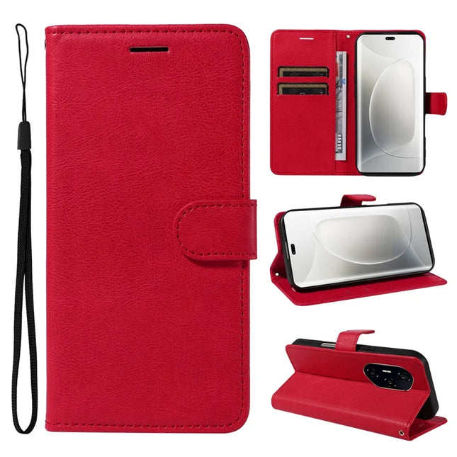 For Honor 300 Ultra / Honor 300 Pro Case Solid Color Leather Mobile Cover Wallet Stand with Strap - Red