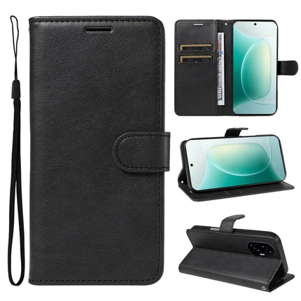 For Honor 300 Case Solid Color Leather Mobile Cover Wallet Stand with Strap - Black