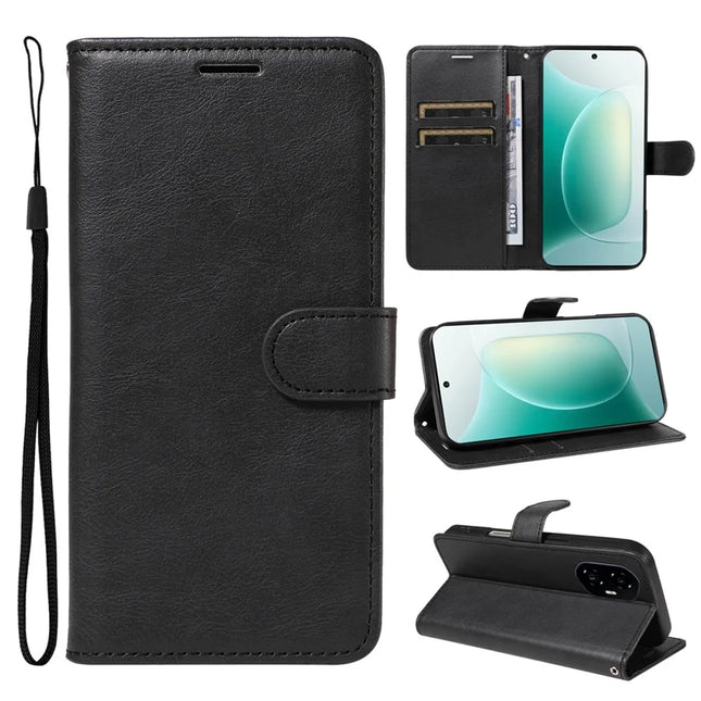 For Honor 300 Case Solid Color Leather Mobile Cover Wallet Stand with Strap - Black