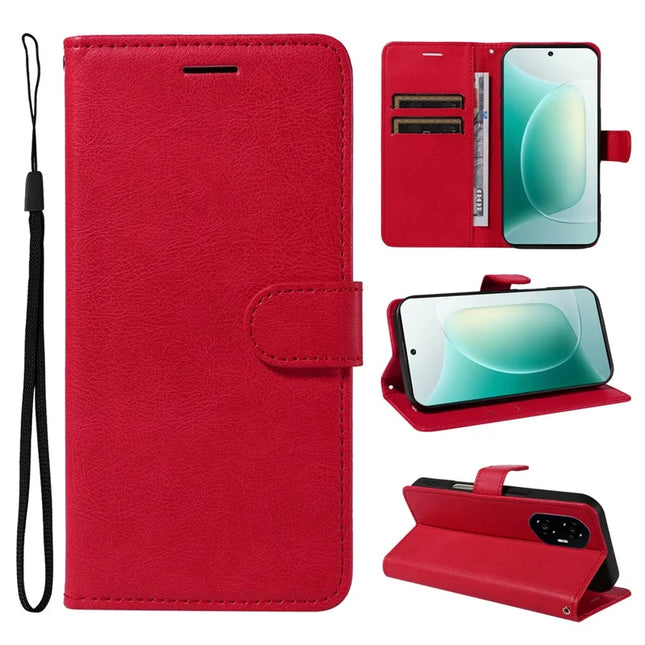 For Honor 300 Case Solid Color Leather Mobile Cover Wallet Stand with Strap - Red