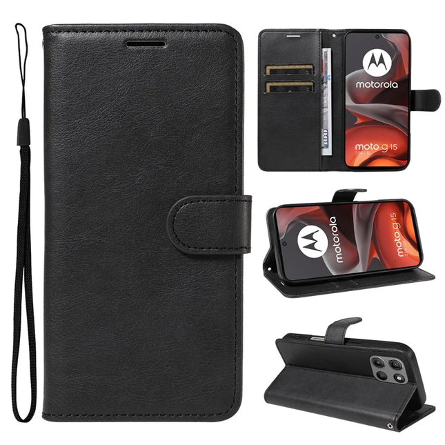 For Motorola Moto G15 4G Case Solid Color Leather Mobile Cover Wallet Stand with Strap - Black