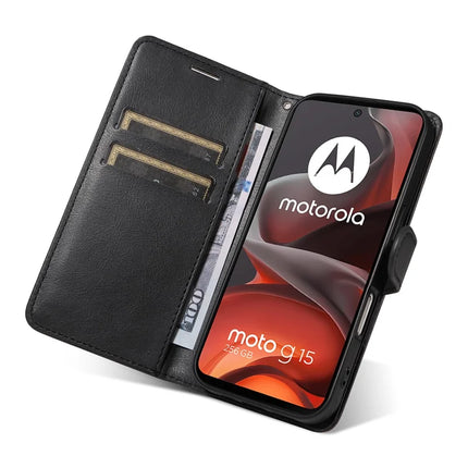 For Motorola Moto G15 4G Case Solid Color Leather Mobile Cover Wallet Stand with Strap