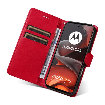 For Motorola Moto G15 4G Case Solid Color Leather Mobile Cover Wallet Stand with Strap