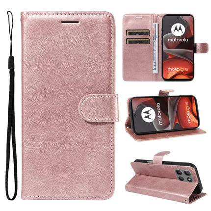 For Motorola Moto G15 4G Case Solid Color Leather Mobile Cover Wallet Stand with Strap - Rose Gold