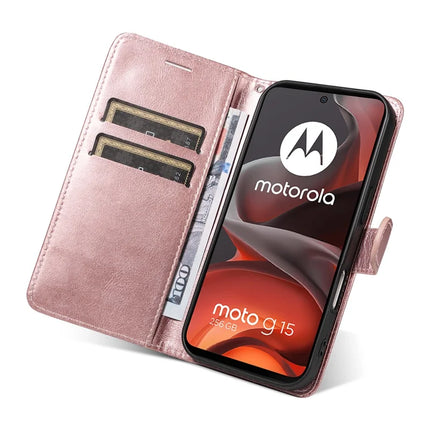 For Motorola Moto G15 4G Case Solid Color Leather Mobile Cover Wallet Stand with Strap